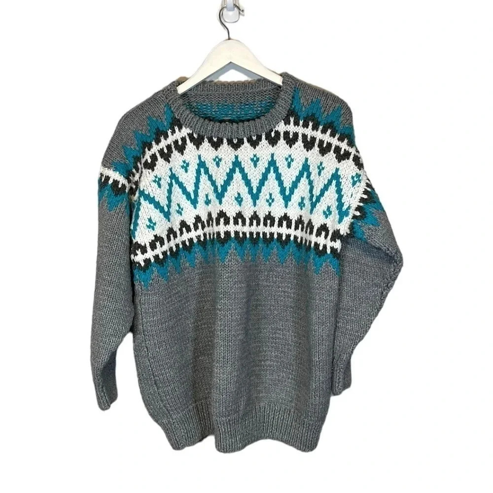 Hand Knit Fair Isle Sweater - Size Medium